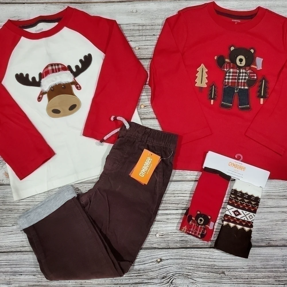 Christmas Holiday Outfit Reindeer Bear Tops Corduroy Pants Socks NWT